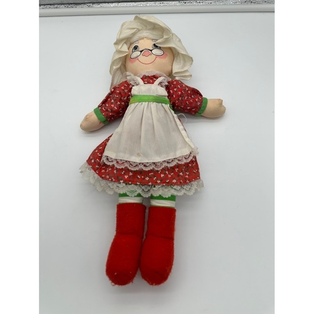 Vintage Russ Berrie Mrs Claus Plush Rag Doll Christmas Red Floral Dress 16"